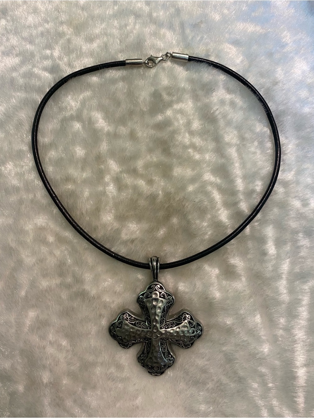 🍀Large Silver Cross Pendant Necklace on Black Leather Cord